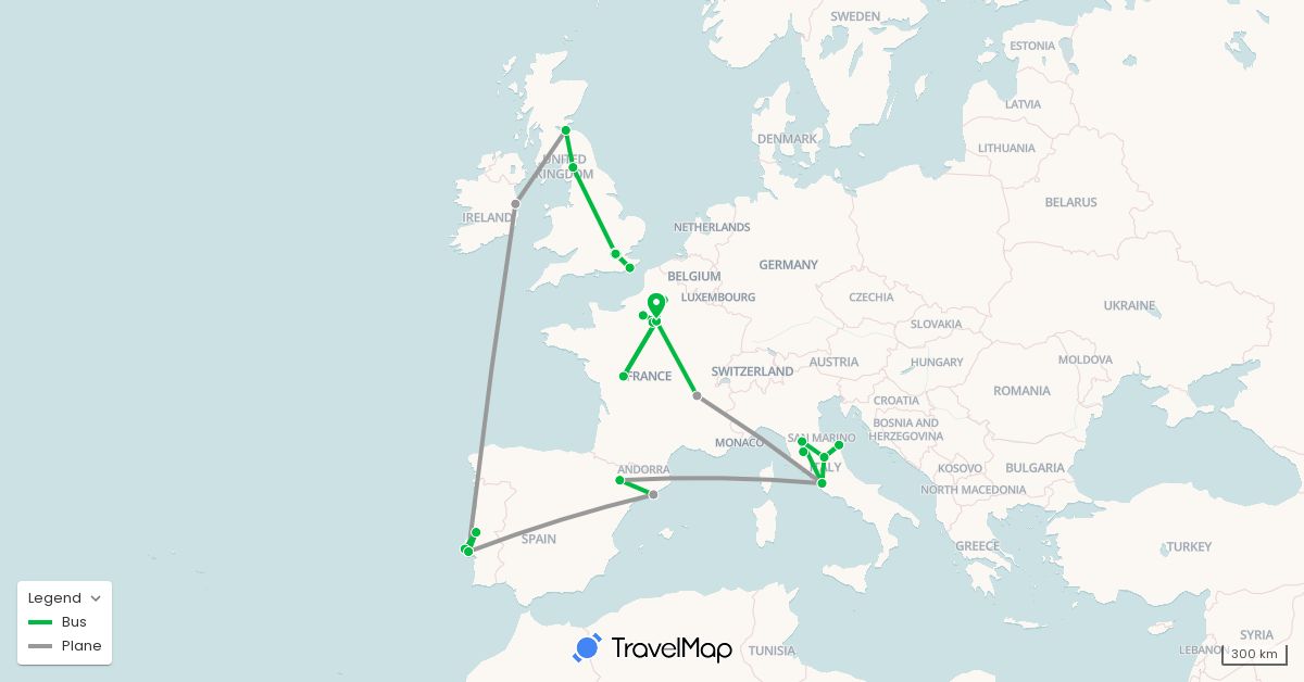 TravelMap itinerary: driving, bus, plane in Spain, France, United Kingdom, Ireland, Italy, Portugal (Europe)